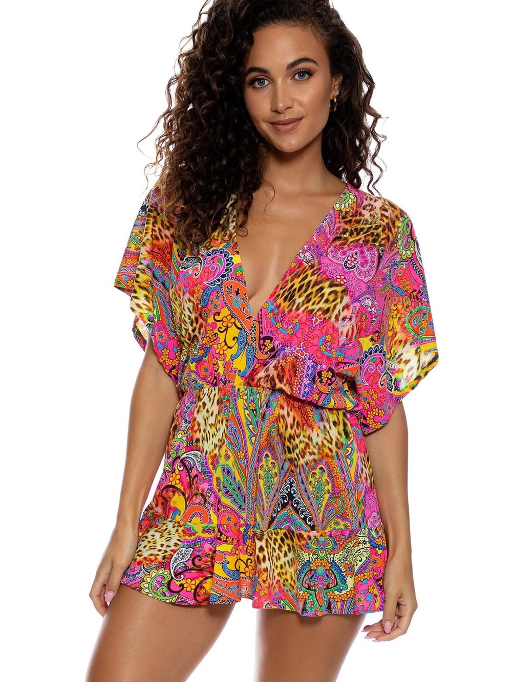 NWT GORGEOUS LULI FAMA SHORE THING PLAYERA V NECK RUFFLE DRESS SWIM COVER UP M